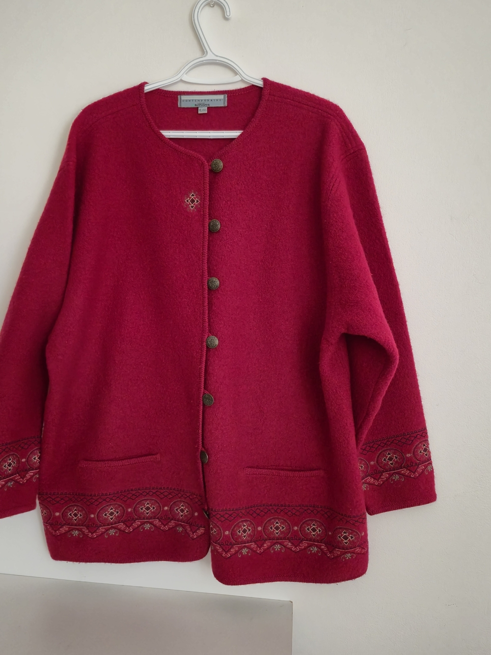 Simons Vintage Red BoHo Wool Cardigan Folkloric Nordic Grandpa Sweater XL